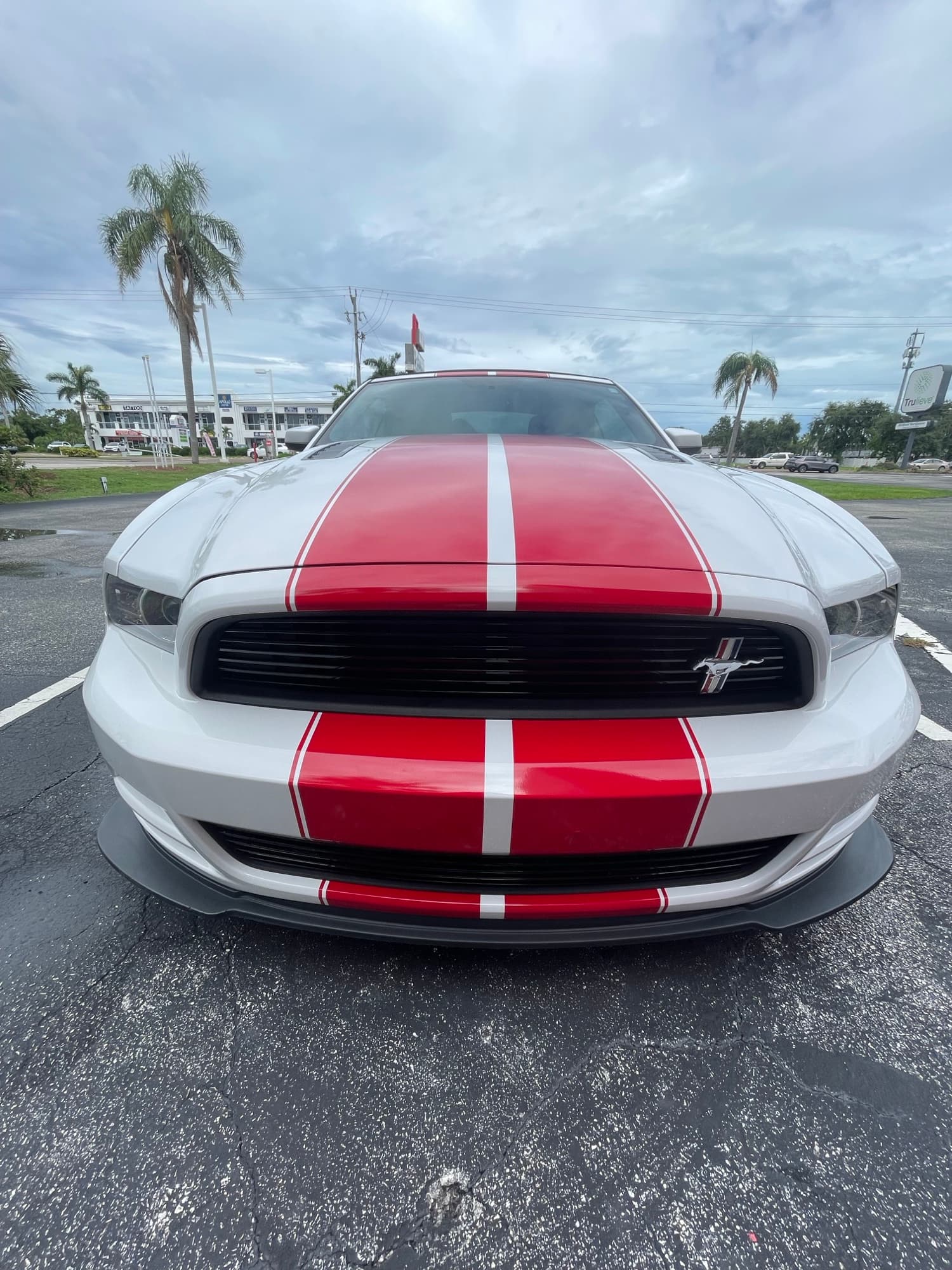 Mustang with custom red racing stripes by ATD Suncoast