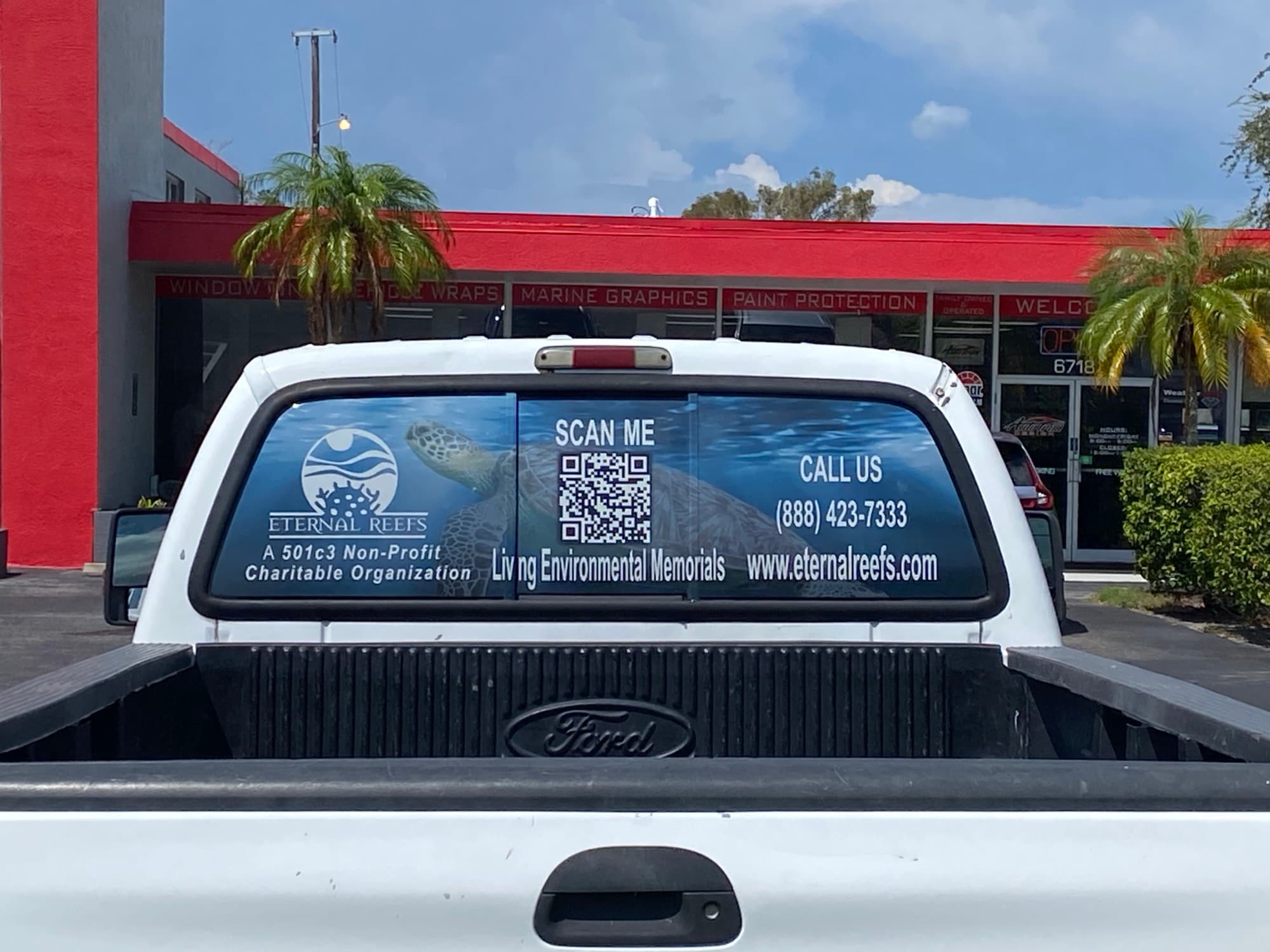 Eternal Reefs truck rear window perf graphics at Auto Trim Design
